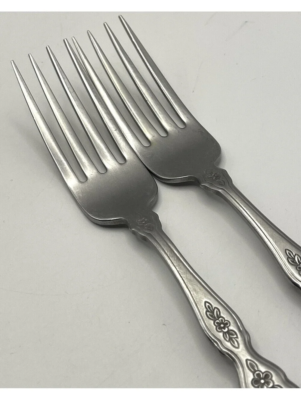 2- Oneida Community FANTASY Burnished Stainless Pierced Hndl Dinner Fork ~7.25”